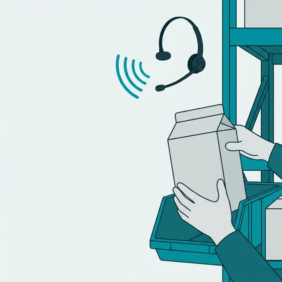 Illustration: Hände greifen einen Karton, daneben ein Voice-Headset mit Sprachwellen