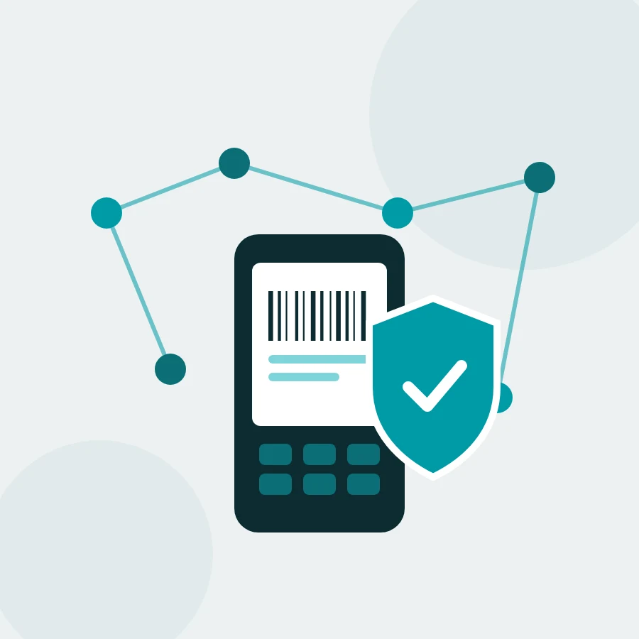 Cybersecurity in der AutoID Illustration: mobiler Computer mit Barcode, davor ein Schild mit Haken, verbunden mit Netzwerkknoten